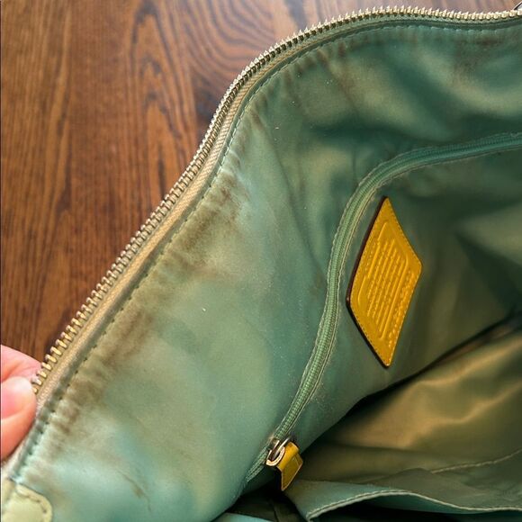 Coach Hallie Leather Colorblock Tote Bag Aqua Blue Lime Green J1294-22430 - Picture 5 of 12